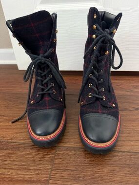Tory Burch Miller Plaid Lace-Up Wool Boots in Navy and Red